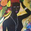 Mujer con frutas sobre la cabeza
